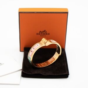 Authentic Hermès Enamel Hinged Bracelet Gold Pink Green